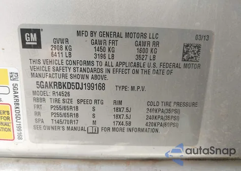 2013 Buick Enclave Convenience из США, поврежденный, VIN 5GAKRBKD5DJ199168